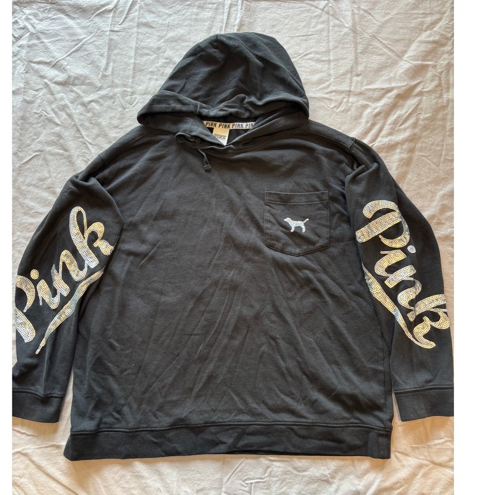 Pink Victoria's Secret Black Sequin Logo Pullover Hoodie Sweatshirt Large